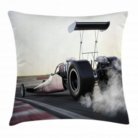 Cars Throw Pillow Cushion Cover, Dragster Racing down The Track with Burnout Competition Speed Sports Technology, Decorative Square Accent Pillow Case, 24 X 24 Inches, Grey Black White, by Ambesonne