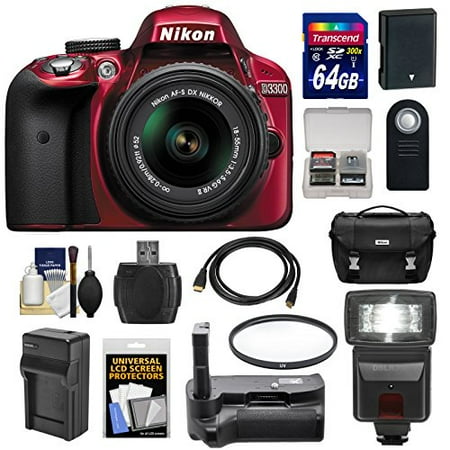 Nikon D3300 Digital SLR Camera & 18-55mm G VR DX II AF-S Zoom Lens (Red) with 64GB Card + Battery + Charger + Case + Gri