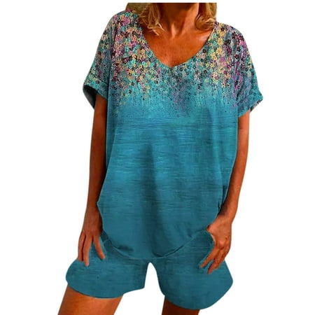 Womens PJ Lounge 2 Pieces Outfits Trendy Printed Short Sleeve V Neck T Shirts Tops with Casual Loose Shorts Pajamas Suits
Womens PJ Lounge 2 Pieces Outfits Trendy Printed Short Sleeve V Neck T Shirts Tops with Casual Loose Shorts Pajamas Suits