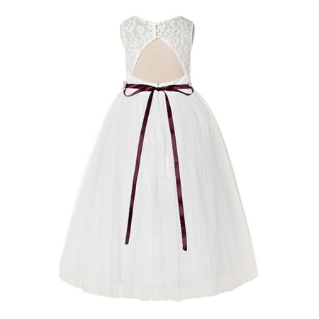 Ivory Floral Lace Neck A-Line Keyhole Back Flower Girl Dress Wedding Gown 178R2
