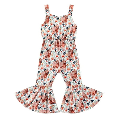 Baby Girls Bodysuits Girls Summer Flower Animal Print Closed Waist Suspender Rompers Bell Bottoms For 6-9 Months