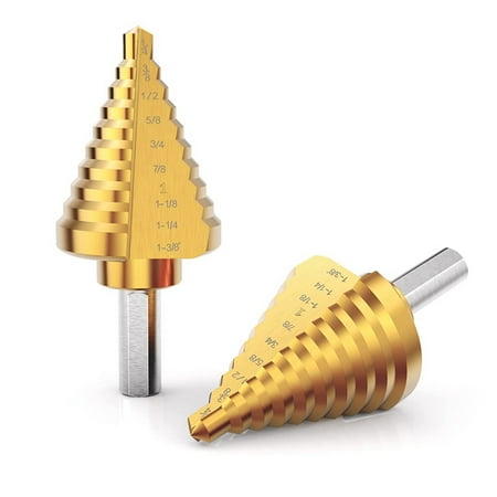 2 Pcs 1/4 Inch to 1-3/8 Inch Step Drill Bits for Metal High Speed Steel Titanium Coated Stepping Bit for Wood
2 Pcs 1/4 Inch to 1-3/8 Inch Step Drill Bits for Metal High Speed Steel Titanium Coated Stepping Bit for Wood