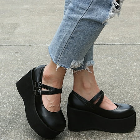 VKEKIEO Closed Toe Business Casual Shoes High Heel Platform Black