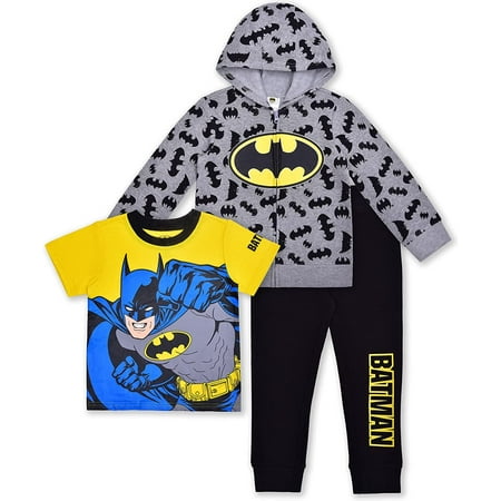 Batman Boys 3 Piece Zip Up Hoodie Tee and Jogger Set Toddler
