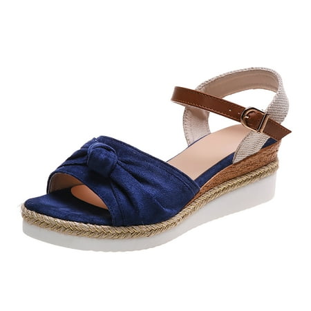 

Sandals Women Color Block Knot Detail Espadrille Ankle Strap Open Toe Roman Shoes Blue 42