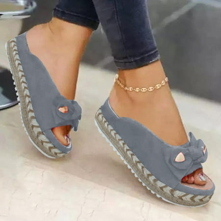 Women s Summer Slip-On Flat Bow Beach Open Toe Breathable Sandals Weave Shoes