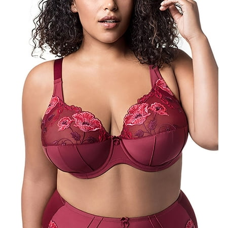 Women s Elila 2021 Glamour Satin & Embroidery Underwire Bra (Burgundy 34F)