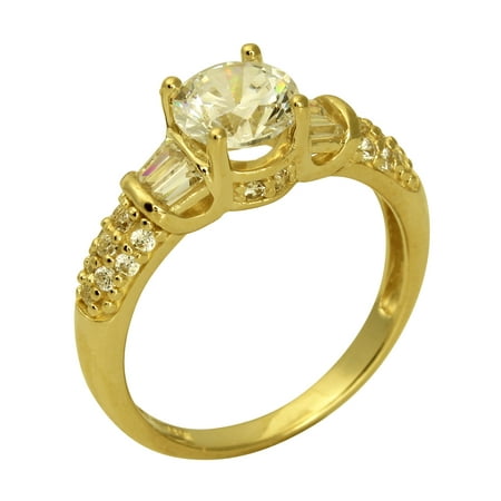 2.00 Ct 14K Yellow Gold Fancy Round Cut with Bar Pave Set Baguette & Round Side Stones 4 Prong Basket Setting Engagement Wedding Propose Promise Ring