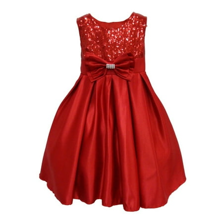 Baby Girls Red Sequin Adorned Satin Pleated Bow Accented Party Dress 6M