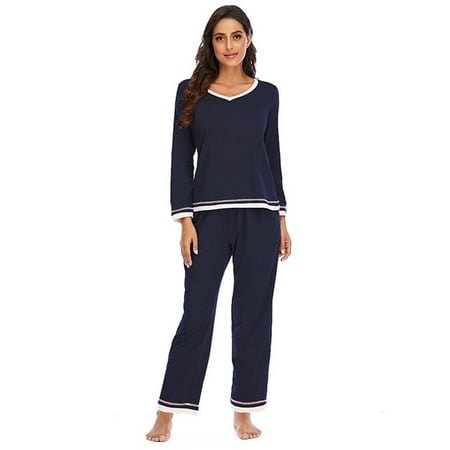 Baywell Womens Pajama Set Long Sleeve Sleepwear V Neck Pjs Sets Blue S