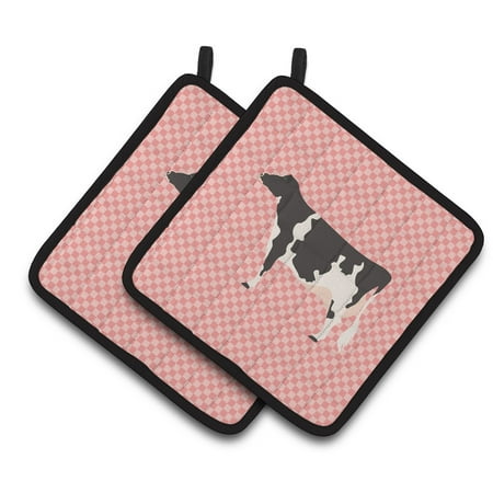 Caroline s Treasures Holstein Cow Pink Check Pair of Pot Holders