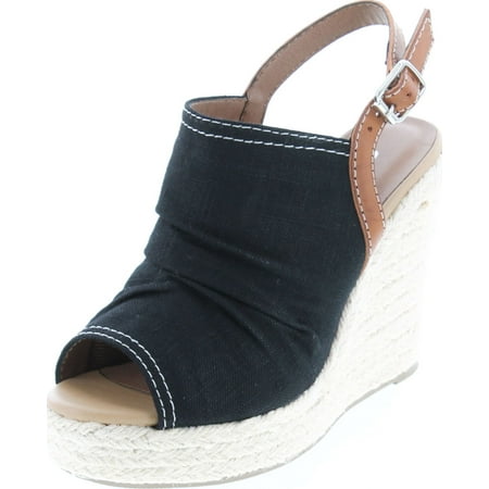 Soda Jafari Women s Open Toe Ruched Canvas Espadrille Platform Wedge Black 6.5