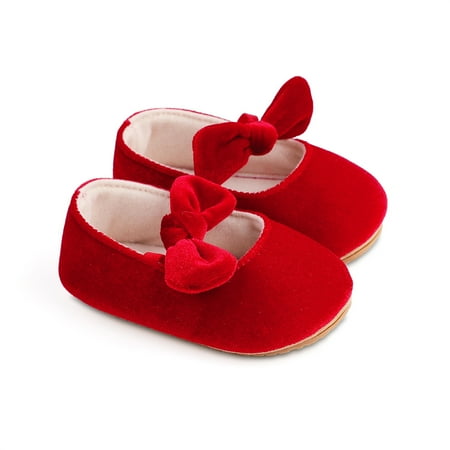 Biekopu Baby Girls Mary Jane Flats Bowknot Princess Dress Shoes Non-Slip Velvet Crib Shoes for Infants