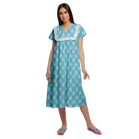 Moomaya Cotton Lace Neckline Sleepwear For Ladies V-Neck Printed Nightdress
Moomaya Cotton Lace Neckline Sleepwear For Ladies V-Neck Printed Nightdress