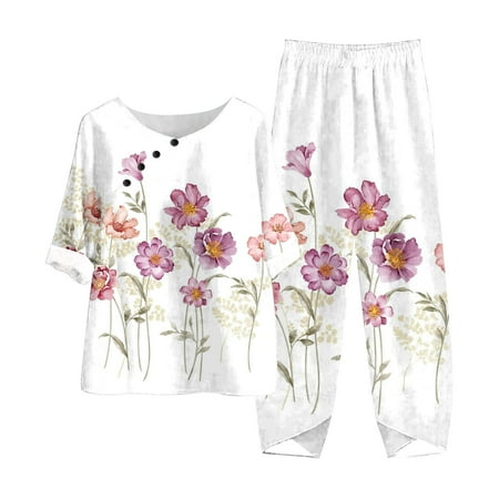 DDAPJ pyju Two Piece Outfits for Women Summer Flower Printed Three Quarter Sleeve Blouses Stretch Capri Pant Lounge Pants Tracksuits
DDAPJ pyju Two Piece Outfits for Women Summer Flower Printed Three Quarter Sleeve Blouses Stretch Capri Pant Lounge Pants Tracksuits