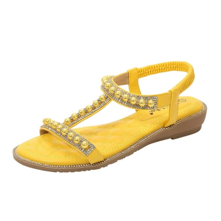 TOYFUNNY Womens Rhinestone Pearl Sandals Roman Wedge Shoes