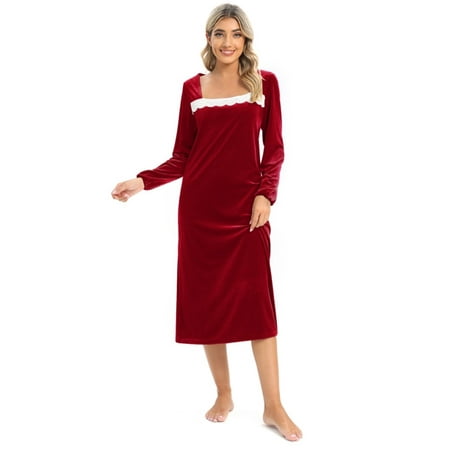 

EFINNY Women s Soft Velvet Nightgowns Robe Long Sleeve Full Length Sleepdress Square Collar Sleepwear Autumn Winter Warm Velour Bathrobe Home Wear S-XXL