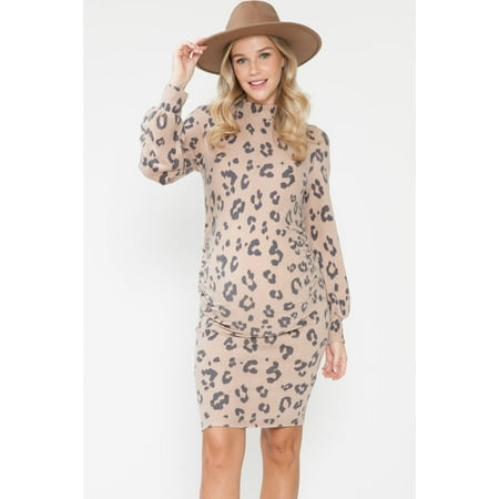 Women s Maternity Leopard Turtle Neck Midi Dress with Long Sleeves & Side Cinch