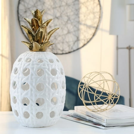 Ceramic 16 Lattice Weave Pineapple White Gold 16H - 8.0 x 8.0 x 16.0