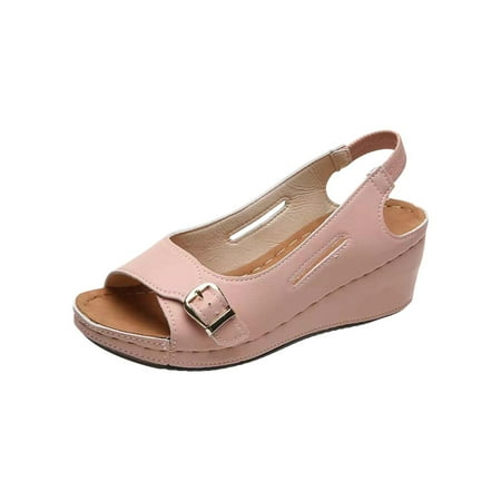 

Juebong Women s Vintage Buckle Wedge Heel Open Toe Low Fish Mouth Roman Sandals Pink Size 4.5