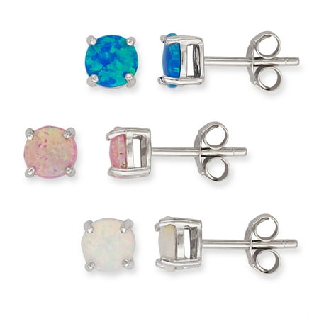 Beaux Bijoux Sterling Silver Set of 3 Created Opal Round 6mm Blue, Pink & White Basket-set Stud Earrings