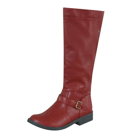 Entyinea Boots Women Leather Block Heel Knee High Boots Red 42