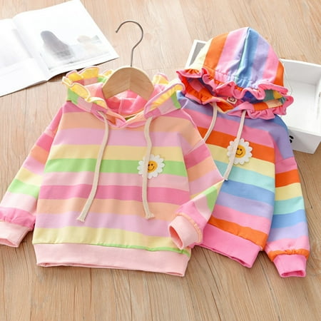 URMAGIC Little Girls Cotton Rainbow Stripe Hoodie Sweatshirt Toddler Ruffle Collar Long Sleeve Tops 1-6T