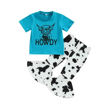 Kids Girls Outfits Summer Cow Head Letter Print Short Sleeve T-shirt and Casual Flare Pants Set
Kids Girls Outfits Summer Cow Head Letter Print Short Sleeve T-shirt and Casual Flare Pants Set