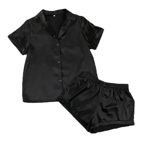

Satin Pajamas Sets Women s Short Sleeve Sleepwear Soft Silk Button Down Loungewear Two Piece Pjs Shorts Set S-XL Womens Clothes