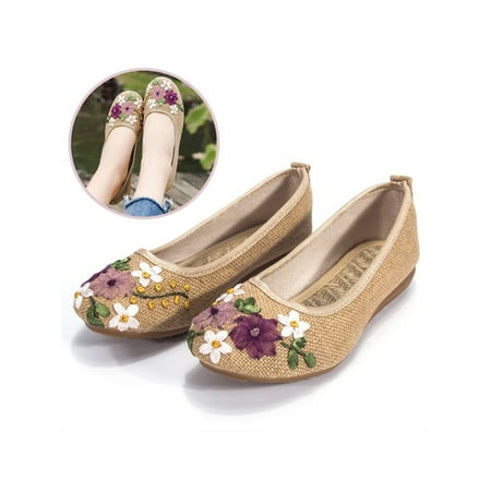 

FANNYC Women s Ethnic Style Casual Fit Flat Office Shoes Non-Slip Flat Walking Shoes with Delicate Embroidery Flower Slip On Flats Shoes Round Toe Ballet Flats (4-10 Size)