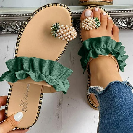 

STEADY Women s Sandals Pineapple Pearl Rhinestone Flat Slippers Bohemian Pearl Slippers Green / 36