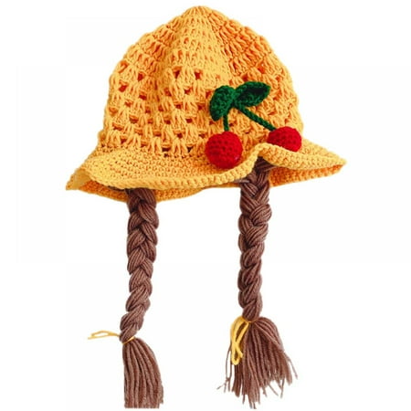 Toddler Girls Ruffle Knited Hat with Big Braids Cute Hand-woven Earflap Hat for Kids
