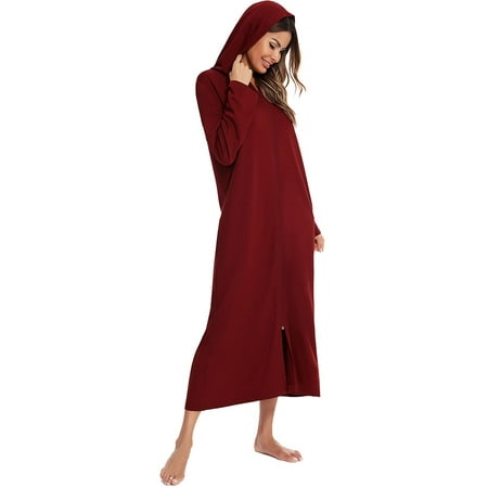 

Hiheart Women s Hooded Long Sleeve Lounger Robe with Zip Full Length Housecoat with Pockets Red L