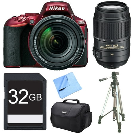 Nikon D5500 Red DSLR Camera 18-140mm Lens, 55-300 Lens, and 32GB Bundle - Includes Camera, Lens, Memory Card, Carrying Case, Tripod, and Micro Fiber Cloth