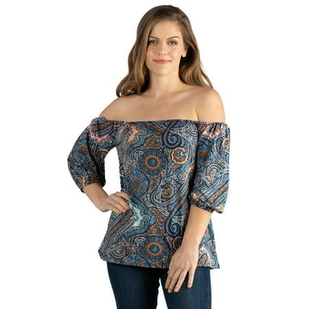 24seven Comfort Apparel Paisley Off the Shoulder Maternity Top in Print Size S