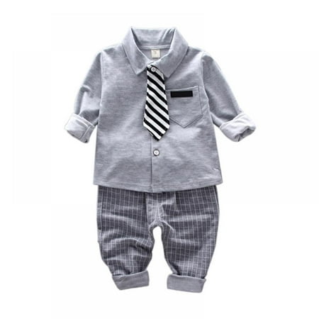Boys Shirt with Tie + Plaid Trousers Infant Toddler Autumn Thicken 2-piece Suit