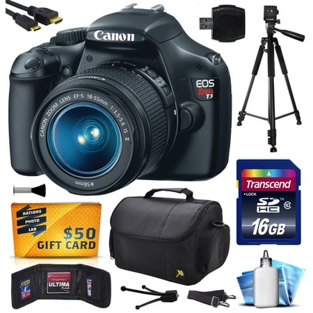 Canon EOS Rebel T3 (1100D) Digital SLR Camera with EF-S 18-55mm f\/3.5-5.6 IS Lens with 16GB Memory + Large Case + Tripod + Card Reader + HDMI Mini Cable + Cleaning Kit + $50 Gift Card 5157B002