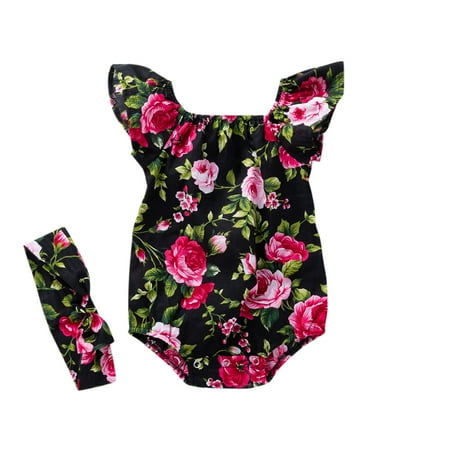 ZMHEGW Ruffle Baby Infant Girls Romper Clothes Headbands Floral Girls Romper Jumpsuit Baby Cute Clothing