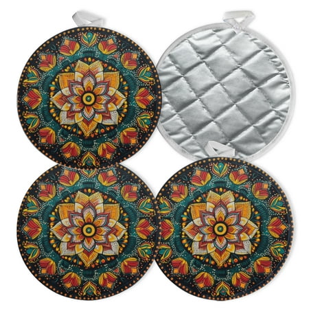 4 PCS Pot Holders for Kitchen Potholders Sets with Hook for Oven Cooking Baking Circular Pattern With Intricate Mandala