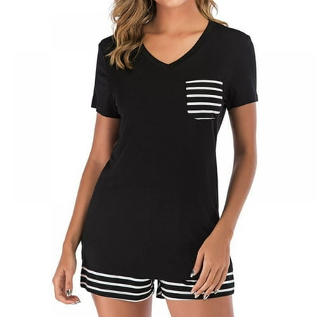 Summer Women Pajamas Striped V-neck Short Sleeve T-shirts Shorts Sleepwear Two-piece Suit
Summer Women Pajamas Striped V-neck Short Sleeve T-shirts Shorts Sleepwear Two-piece Suit