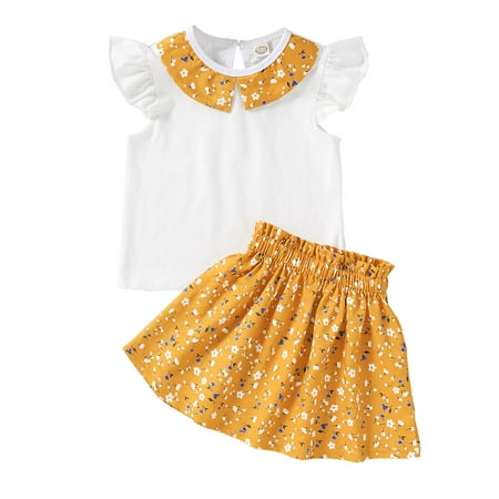 Toddler Baby Girls Outfits Ruffle Sleeve Solid Color Round Neck Floral Print Collar T-shirt Top +Floral Print Skirts 2Pcs Clothes Set 12-24 Months White
Toddler Baby Girls Outfits Ruffle Sleeve Solid Color Round Neck Floral Print Collar T-shirt Top +Floral Print Skirts 2Pcs Clothes Set 12-24 Months White
