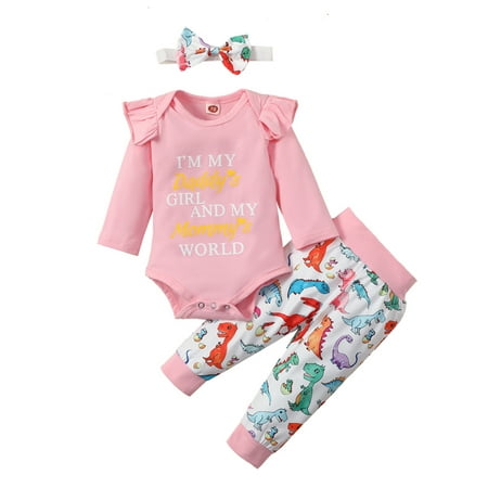 Bowanadacles Baby Girls Outfit Letter Printing Romper and Cartoon Print Long Trousers with Headwear