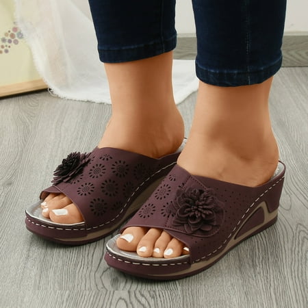 HIBRO Ladies Fashion Solid Color Leather Surface Flower Hollow Breathable Wedge Sandals