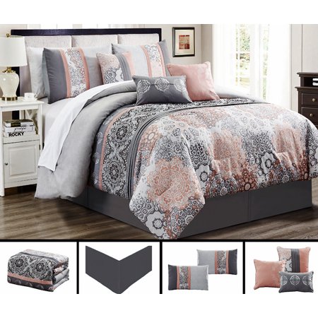 7 Piece Gray Soft Peach Embroidery Comforter Set King Size