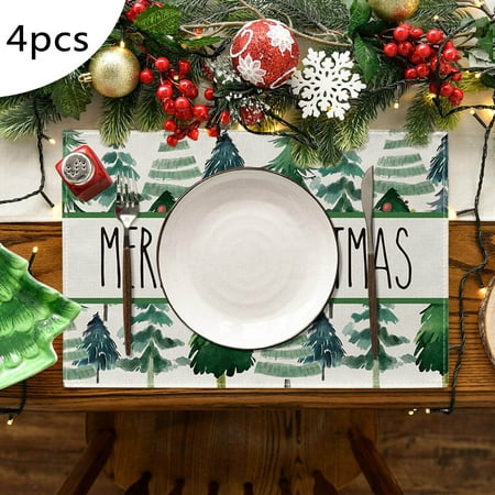 4PCS Christmas Placemat Cotton Linen Tablecloth Thermal Mat Kitchen Table Mat