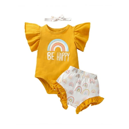 Sunisery 3Pcs Toddler Infant Baby Girls Outfit Short Sleeve Snaps Romper + Rainbow Leopard Print Pantie + Headband Yellow 12-18 Months
