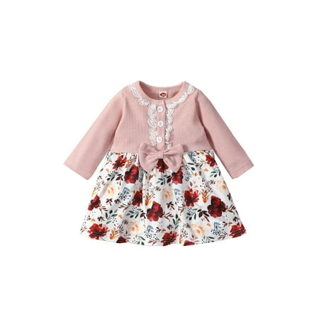 Biekopu Kids Baby Girls Floral Print Dress Long Sleeve Large Hem Dress with Bowknot