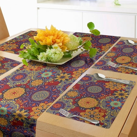 

Oriental Table Runner & Placemats Colorful Mandala Inspired Flower Petal Motifs Repetitive Retro Boho Vibes Set for Dining Table Placemat 4 pcs + Runner 14 x72 Ruby and Multicolor by Ambesonne