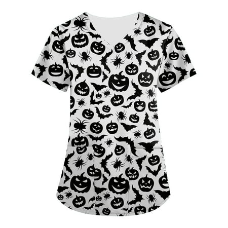 PURJKPU Scrub Tops Women V Neck Uniforms Halloween Pumpkin Bat Pattern Tee Tops Short Sleeve Nursing Tops with Pockets White L
PURJKPU Scrub Tops Women V Neck Uniforms Halloween Pumpkin Bat Pattern Tee Tops Short Sleeve Nursing Tops with Pockets White L