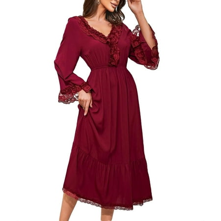 

Elegant V neck Nightgowns Long Sleeve Burgundy Women s Sleepshirts (Women s)